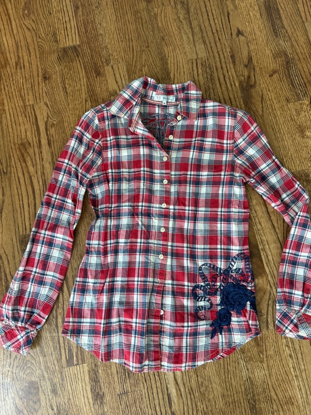 3.1 Phillip Lim Red and White Plaid Button-Down Shirt with Navy Applique